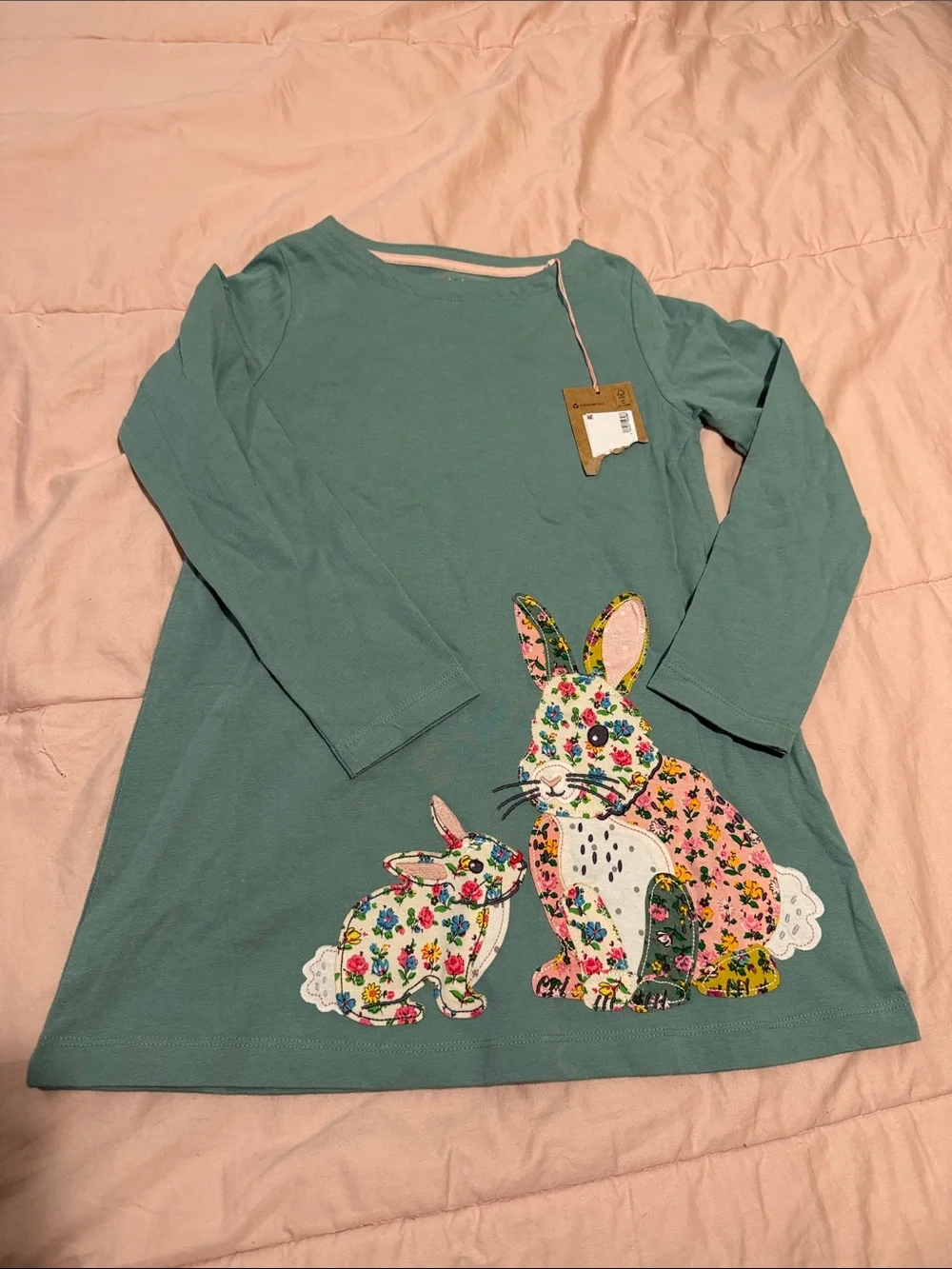 Mini Boden Teal Green Long-Sleeve Dress with Floral Bunny Appliqués